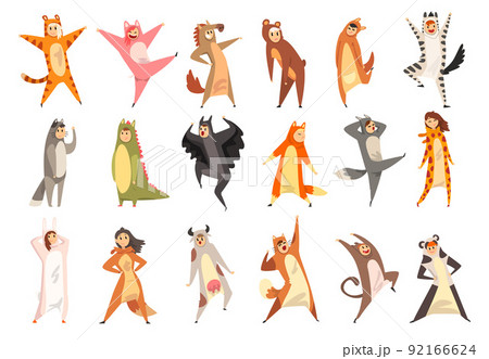 People Characters Dressed in Animal Costumes and Onesie Having Fun Vector Set 92166624
