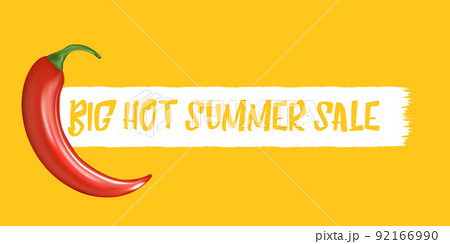 Big Hot summer sale horizontal banner with red chili cayenne pepper isolated on orange background. Vector 3d horizontal summer hot sale poster, flyer, banner, tag and background Big Hot summer sale horizontal banner with red chili cayenne pepper isolated on orange background. Vector 3d horizontal summer hot sale poster, flyer, banner, tag and background 92166990