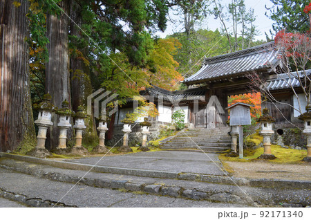 秋の早朝に京都市槙尾山西明寺の参道から表門を望む 92171340