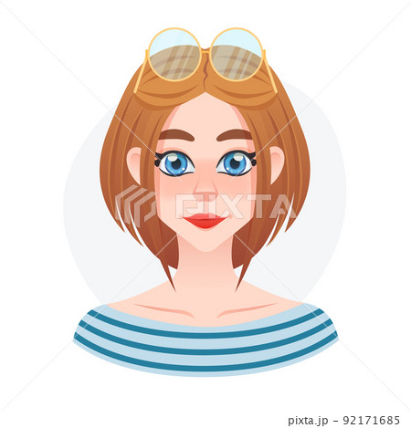 Cartoon young pretty sailor girl avatar. Beaulifull doll with sunglasses on top head. Lady style short hair Cartoon young pretty sailor girl avatar. Beaulifull doll with sunglasses on top head. Lady style short hair 92171685