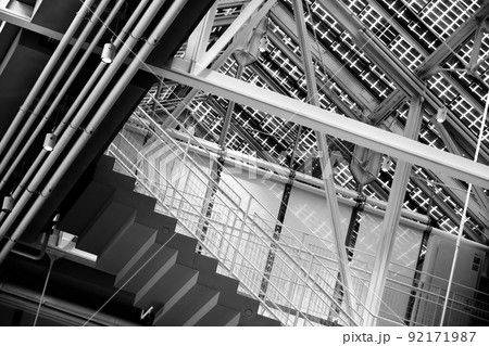 Stairs under metal roof of modern building Stairs under metal roof of modern building 92171987