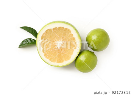 Limes with leaves on white background, top view 92172312