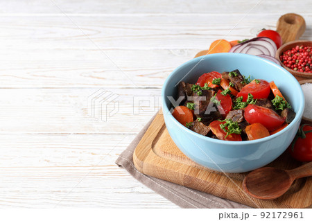 Concept of tasty food with beef with vegetables, space for text 92172961