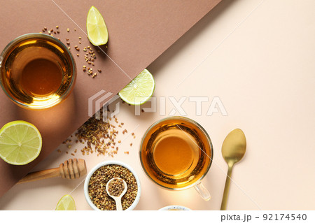 Concept of hot drink with buckwheat tea, top view 92174540