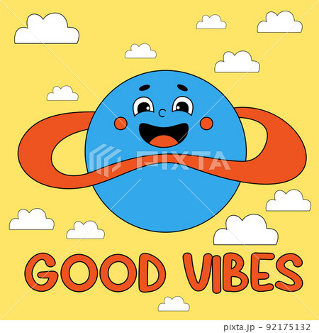 Funny cartoon character. Groovy element funky space planet on sky with clouds. Vector illustration trendy retro cartoon style. Good vibes. Comic element for sticker, square poster, print, card. Funny cartoon character. Groovy element funky space planet on sky with clouds. Vector illustration trendy retro cartoon style. Good vibes. Comic element for sticker, square poster, print, card. 92175132