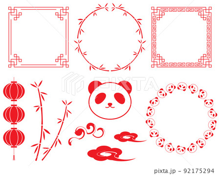 パンダさんと中華風の飾り罫セット　レッド 92175294