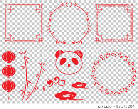 パンダさんと中華風の飾り罫セット　レッド 92175294