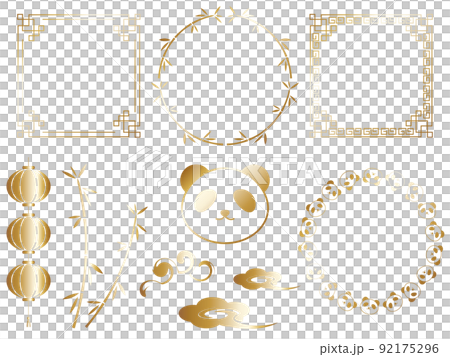 パンダさんと中華風の飾り罫セット　ゴールド 92175296