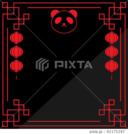 パンダさんと中華風の背景　正方形　ブラック＆レッド 92175297