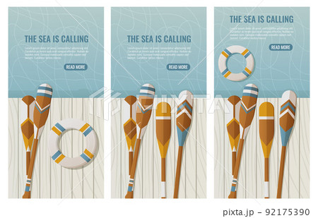 Set of cards oars on a wooden pontoon or pier and lifebuoy on the water. Vector illustration  92175390