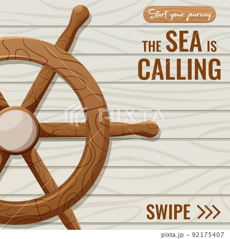 Wooden rudder, ship steering wheel on wood square background text start journey the sea is calling 92175407