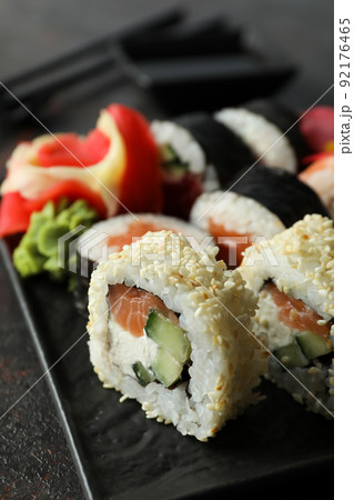 Concept of tasty food with sushi rolls, close up 92176465