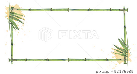 Horizontal frame made of bamboo stems and leaves with spots and splashes of paint. Watercolor illustration. Board for the design and decoration of banners, invitations, spa menu, postcards. 92176939