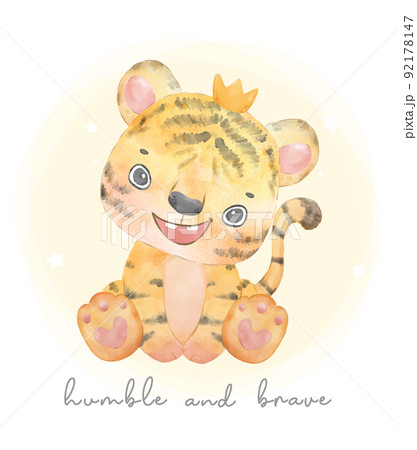 cute adorable baby king tiger with crown sitting, watercolor wildlife nursery animal hand drawing vector 92178147