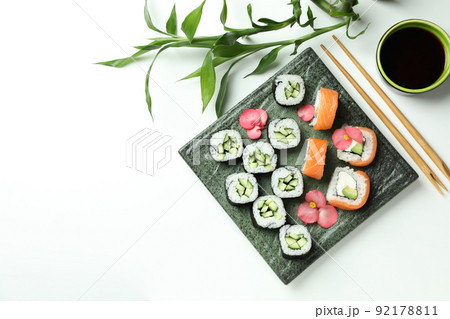 Concept of tasty food with sushi rolls, space for text Concept of tasty food with sushi rolls, space for text 92178811