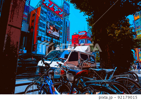 休日の秋葉原でショッピングを楽しむ人々や風景のイラスト 92179015