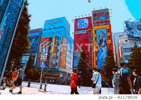 休日の秋葉原でショッピングを楽しむ人々や風景のイラスト 92179026