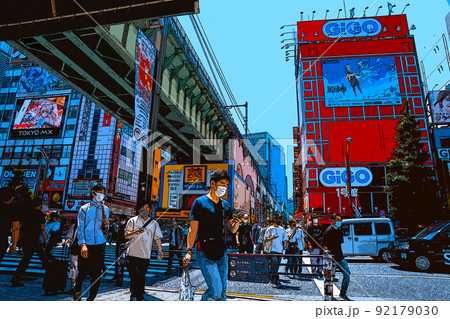 休日の秋葉原でショッピングを楽しむ人々や風景のイラスト 休日の秋葉原でショッピングを楽しむ人々や風景のイラスト 92179030