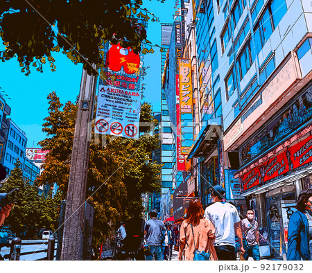 休日の秋葉原でショッピングを楽しむ人々や風景のイラスト 92179032