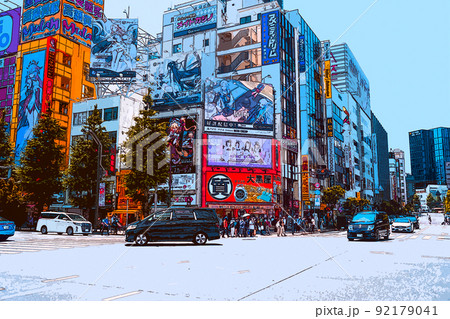 休日の秋葉原でショッピングを楽しむ人々や風景のイラスト 92179041