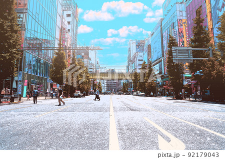 休日の秋葉原でショッピングを楽しむ人々や風景のイラスト 92179043