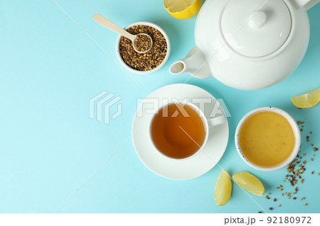Concept of hot drink with buckwheat tea, space for text Concept of hot drink with buckwheat tea, space for text 92180972