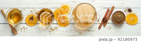 Concept of hot drink with buckwheat tea, top view Concept of hot drink with buckwheat tea, top view 92180973
