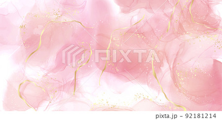 Rose pink liquid watercolor background with golden lines. Royal elegant blush marble alcohol ink drawing effect. Bridal vector illustration for wedding invitation, menu, rsvp design 92181214