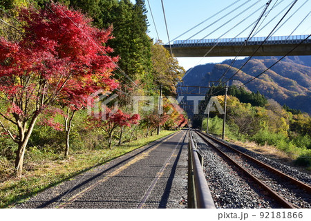 群馬県 アプトの道ハイキングコースと鮮やかな紅葉とトロッコ列車線路 群馬県 アプトの道ハイキングコースと鮮やかな紅葉とトロッコ列車線路 92181866