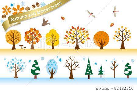 一列に並んだ秋冬の木々のイラストセット 92182510