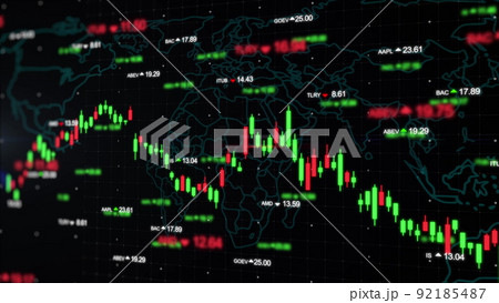 Digital data financial investment with world map and stock indexes. Bull market candlestick chart and bar graph with auto trading. Business and finance background 4K animation. 92185487