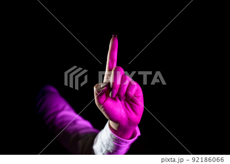 Hand Of Female Professional Pointing And Gesturing While Taking Training Through Virtual Reality Simulator. Light Falling On Woman Finger Presenting Futuristic Technology. 92186066