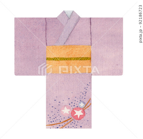 Watercolor illustration of lilac yukata for japanese summer festival. (the set contains both individual elements and ready-made compositions and backgrounds) 92186723