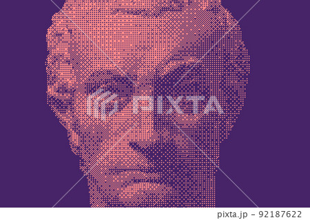 Modern creative colored graphic sculpture with dark background . Digital texture with antique statue head in bitmap style. Contemporary art poster. Funky unusual design. Fashion aesthetic culture. 92187622