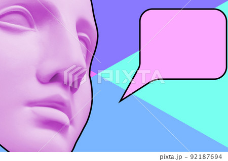 Modern creative graphic sculpture with multi background. Digital texture with antique statue head in zine style. Contemporary art poster. Funky unusual design. Fashion aesthetic culture.Speech Bubble. 92187694