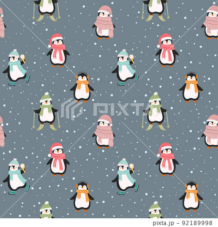Christmas seamless pattern with cute cartoon penguins and snowflakes. Flat style. 92189998