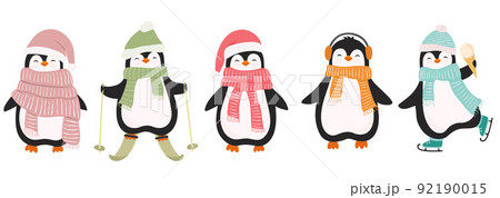 Set of cute christmas penguins isolated on white background. Vector illustration in flat cartoon style. 92190015