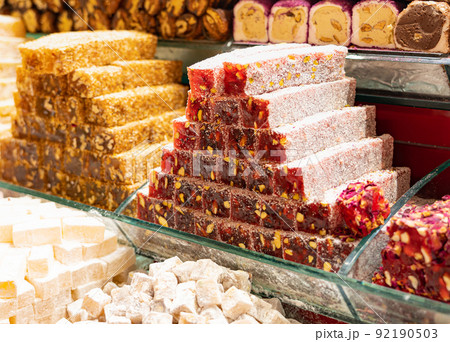 Turkish strawberry sweets on market in Stambul 92190503