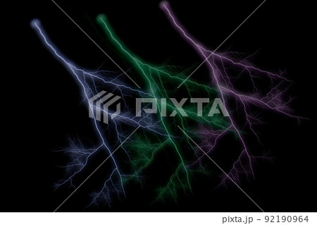 Set of different lightning bolts isolated on black background Set of different lightning bolts isolated on black background 92190964