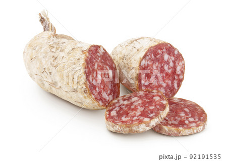 Cured salami sausage isolated on white background. Italian cuisine with full depth of field Cured salami sausage isolated on white background. Italian cuisine with full depth of field 92191535
