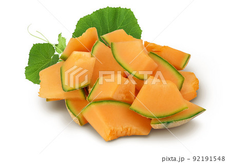 Cantaloupe melon pieces isolated on white background with full depth of field. 92191548