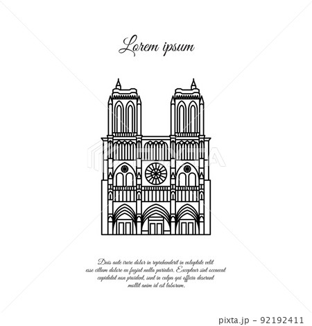 Notre Dame de Paris line vector. Travel vector banner or logo. The famous Cathedral of Notre Dame de Paris, France. French landmark. The Catholic Church in the center of Paris, Gothic architecture 92192411