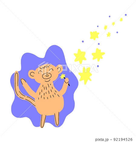 Hand drawn vector illustration of a cute funny monkey, holding magic wand. Concept for children print, doodle. 92194526