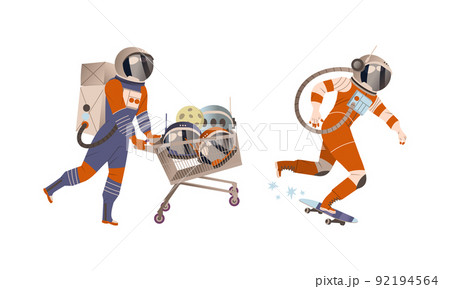 Spaceman or Astronaut Man Character in Space Suit Pushing Shopping Cart with Helmet and Skateboarding Vector Set 92194564