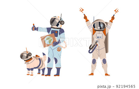 Spaceman or Astronaut Man Character in Space Suit Hitchhiking and Raising Hands Up Vector Set 92194565