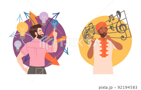 Man with Creative Type of Thinking or Mindset with Lightbulb and Musical Notes Vector Set 92194583