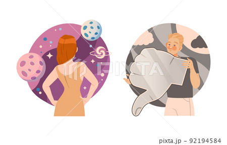 Man and Woman with Negative and Abstract Type of Thinking or Mindset Vector Set 92194584