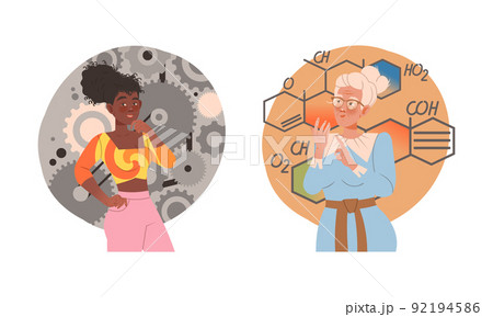 Woman with Concrete and Technical Type of Thinking or Mindset Vector Set 92194586