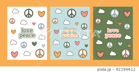 Love peace groovy 1970 set. Three postcards with colorful cartoon hearts and symbols peace. 70s vibes background. Trippy hand drawn vector illustration. Love peace groovy 1970 set. Three postcards with colorful cartoon hearts and symbols peace. 70s vibes background. Trippy hand drawn vector illustration. 92194612