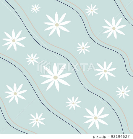 Pattern groovy trippy daisy. Daisies and lines on light blue background. 70s vibes floral background. Hand drawn vector illustration in flat style. Pattern groovy trippy daisy. Daisies and lines on light blue background. 70s vibes floral background. Hand drawn vector illustration in flat style. 92194627
